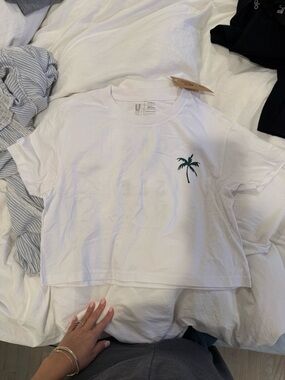 White Tee with Small Green Palm Graphic